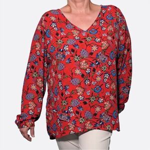 Chelsea & Theodore Red Floral V-Neck Tunic Blouse Plus Size XXL 2X Boho Workwear